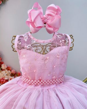 Vestido Infantil Longo Rosa Claro C/ Renda e Pérolas Damas
