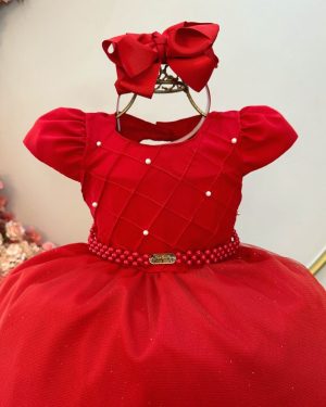 Vestido Infantil Longo Vermelho Busto Nervura Festas Daminha