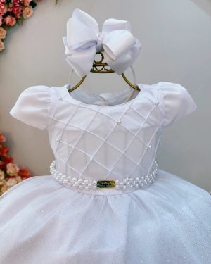 Vestido Infantil Longo Branco Busto Nervura Daminhas Festas