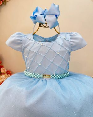 Vestido Infantil Longo Azul Claro Busto Nervura Festa Daminha