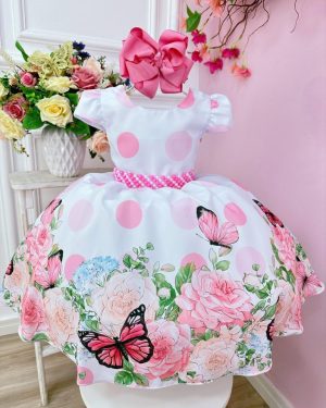 Vestido Infantil Branco Jardim Borboletas e Cinto Pérolas