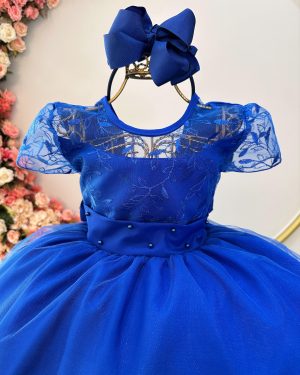 Vestido Infantil Azul Royal Busto C/ Renda Damas Longo Luxo