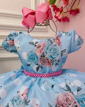 Vestido Infantil Jardim das Borboletas Azul Luxo Festas