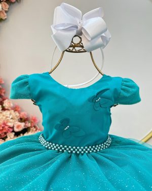 Vestido Infantil Verde C/ Apliques Borboletas Glitter