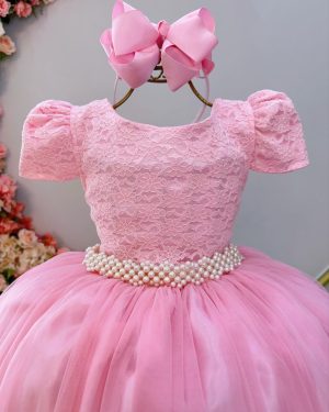 Vestido Infantil Longo Rosa Tule C/ Renda Casamento Festas