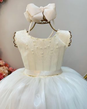 Vestido Infantil Damas de Honra Longo Marfim Claro Pérolas