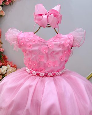 Vestido Infantil Longo Rosa C/ Apliques e Renda Damas