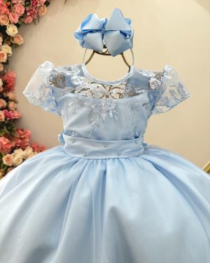 Vestido Infantil Longo Azul Claro Busto C/ Renda Luxo Damas