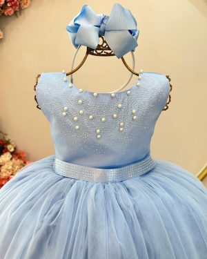 Vestido Infantil Damas de Honra Longo Azul Strass e Pérolas