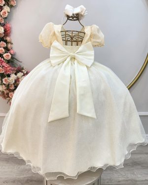 Vestido Infantil Longo Marfim, em Poliéster e Tule Glitter