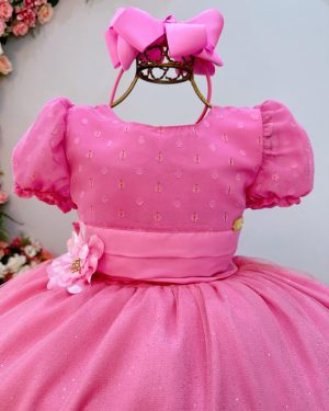 Vestido Infantil Longo Rosa Chiclete, em Poliéster e Tule Glitter