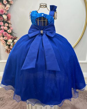Vestido Infantil Longo Azul Royal Busto Renda Festas Daminhas