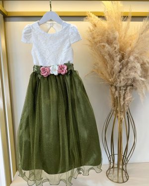 Vestido Infantil Off White Saia Verde Oliva Daminha Longo