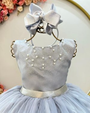 Vestido Infantil Damas de Honra Longo Prata Pérolas