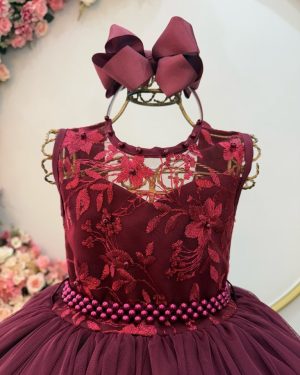 Vestido Infantil Longo Marsala C/ Renda Casamentos Festas
