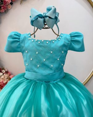 Vestido Infantil Longo Verde Com Pérolas e Strass Daminhas