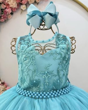 Vestido Infantil Longo Verde C/ Renda e Pérolas Daminhas