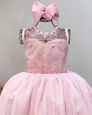 Vestido Infantil Longo Rosa Claro C/ Renda Casamentos Festas