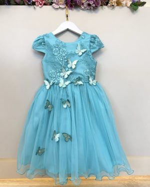Vestido Infantil Verde Renda e Aplique Borboletas Damas Luxo