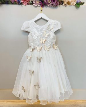 Vestido Infantil Marfim Renda e Aplique Borboletas Damas Luxo