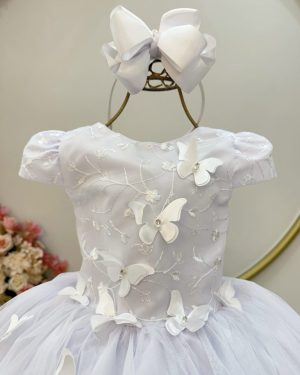 Vestido Infantil Branco Renda C/ Borboletas Daminhas Luxo