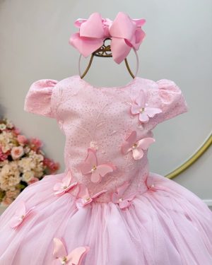 Vestido Infantil Rosa Renda C/ Borboletas Daminhas Luxo
