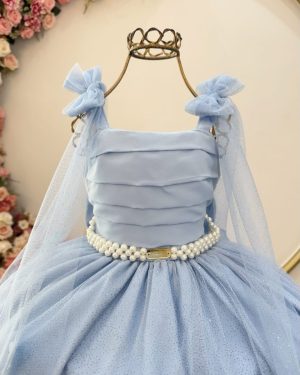 Vestido Infantil Longo Azul C/ Aplique de Borboletas Festas