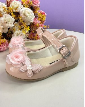 Sapatinho Nude Verniz C/ Aplique de Borboleta Flor Rosa Luxo