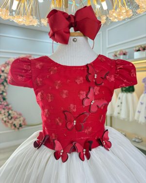 Vestido Infantil Vermelho Bordado Borboletas Dama Festa Luxo
