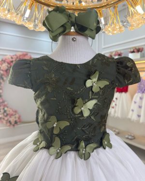 Vestido Infantil Verde Oliva Bordado Borboletas Dama Festa Luxo