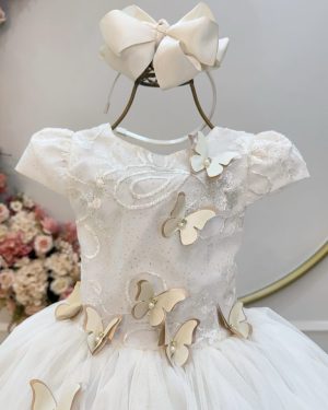 Vestido Infantil Marfim Com Renda e Borboletas Dama Festas