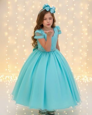 Vestido Infantil Longo Verde Busto Nervura C/ Pérolas Damas