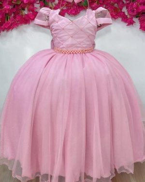 Vestido Infantil Longo Rose Busto Nervura Pérolas Damas Luxo