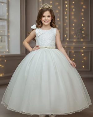 Vestido Infantil Longo Marfim Busto Renda Festas Damas Luxo