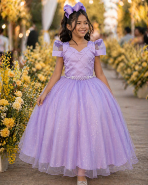 Vestido Infantil Longo Lilás Busto Nervura C/ Pérolas Damas