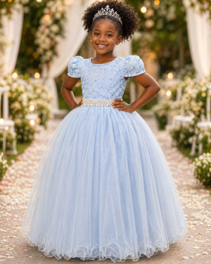 Vestido Infantil Longo Azul C/ Renda Daminhas Festa Luxo