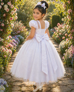 Vestido Infantil Longo Branco Busto Renda e Bordado Damas Luxo