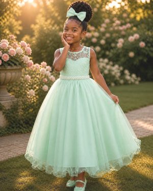 Vestido Infantil Longo Verde Menta Renda e Pérolas Damas Festa