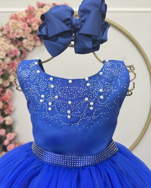 Vestido Infantil Damas de Honra Longo Azul Royal C/ Pérolas