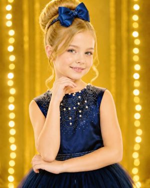 Vestido Infantil Damas de Honra Longo Azul Marinho C/ Pérolas