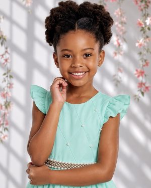 Vestido Longo Daminhas, Infantil Verde Menta em Poliéster, Nervura com Pérolas Cinto Luxo