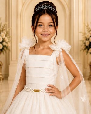 Vestido Infantil Longo Off White C/ Aplique Borboletas Festas