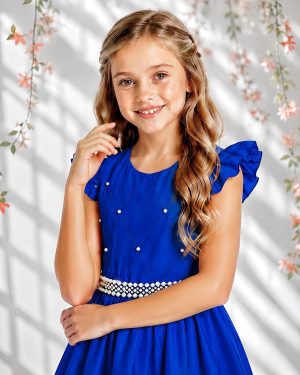 Vestido Longo Daminhas, Infantil Azul Royal em Poliéster Busto Nervura Daminhas