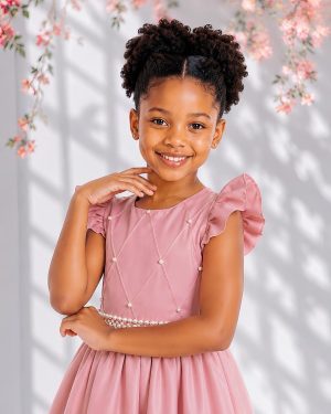 Vestido Longo Daminhas, Infantil Rose em Poliéster, C/ Busto Nervura Daminhas Festas