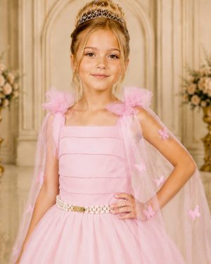 Vestido Infantil Longo Rosa Aplique Borboletas Festas Dama Luxo