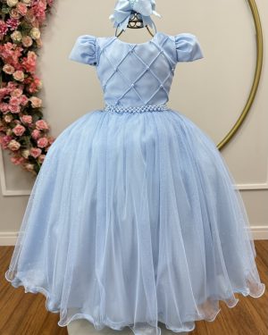 Vestido Infantil Longo Azul Bebe Glitter Busto Nervura Festa Daminha