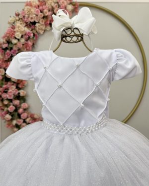 Vestido Infantil Longo Branco Tule Glitter Busto Nervura Festa Daminha