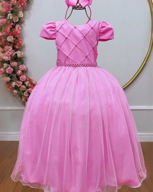 Vestido Infantil Longo Rosa Chiclete Glitter Busto Nervura Festa Daminha