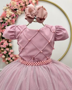 Vestido Infantil Longo Rose Tule Glitter Busto Nervura Festa Daminha