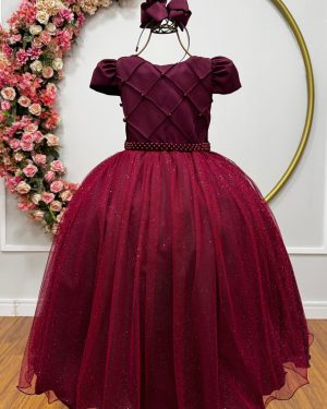 Vestido Infantil Longo Marsala Glitter Busto Nervura Festa Daminha